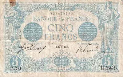Francia 5 Francs - Blue - 29-03-1915 - Serial U.4948 - P.70