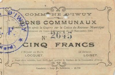 Francia 5 Francs - City of Iwuy - 19-11-1914