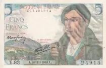 Francia 5 Francs - Farmer - 1943 -  Serial E.83 - AU - P.98