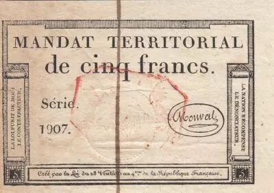 Francia 5 Francs - Mandat Territorial - 28 Ventose de l\'an 4 - Serial 1907 - Red stamp