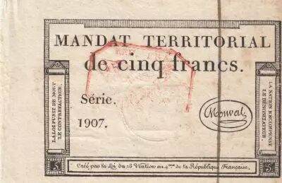Francia 5 Francs - Mandat Territorial - 28 Ventose de l\'an 4 - Serial 1907 - Red stamp