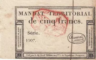 Francia 5 Francs - Mandat Territorial - 28 Ventose de l\'an 4 - Serial 1907 - Red stamp