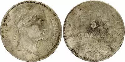 Francia 5 Francs - Napol�on I t�te laur�e - 1809 B (Rouen)