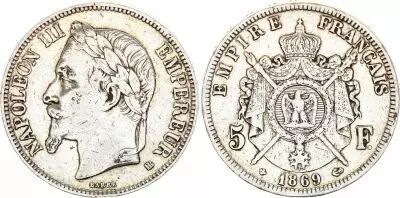 Francia 5 Francs - Napol�on III - Laurelled Head - Strasbourg - 1869
