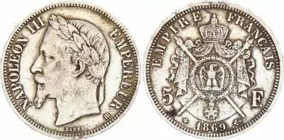 Francia 5 Francs - Napol�on III - Laurelled Head - Strasbourg - 1869