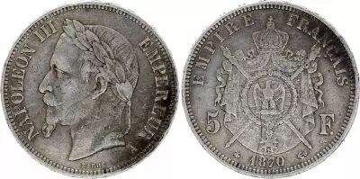 Francia 5 Francs - Napol�on III - T�te laur�e - A Paris - 1870