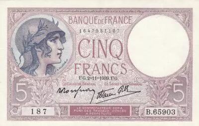 Francia 5 Francs - Purple - 02-11-1939  - Serial B.65903