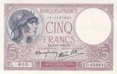 Francia 5 Francs - Purple - 02-11-1939  - Serial G.65864