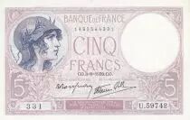 Francia 5 Francs - Purple - 03-08-1939  - Serial U.59742