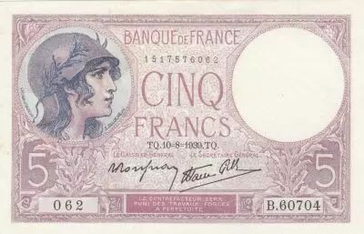 Francia 5 Francs - Purple - 10-08-1939  - Serial B.60704 - P.79