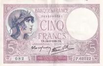 Francia 5 Francs - Purple - 14-09-1939  - Serial P.62522-082 - P.79