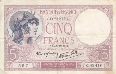 Francia 5 Francs - Purple - 14-09-1939  - Serial Z.62416