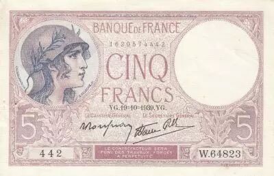 Francia 5 Francs - Purple - 19-10-1939  - Serial W.64823