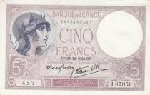 Francia 5 Francs - Purple - 26-12-1940 - Serial J.67859