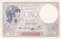 Francia 5 Francs - Purple - 26-12-1940 - Serial J.67944
