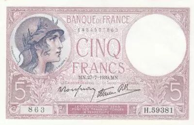 Francia 5 Francs - Purple - 27-07-1939 - Serial H.59381