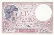 Francia 5 Francs - Purple - 27-07-1939 - Serial H.59381
