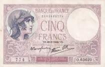 Francia 5 Francs - Purple - 28-09-1939  - Serial O.63620-774 - P.79