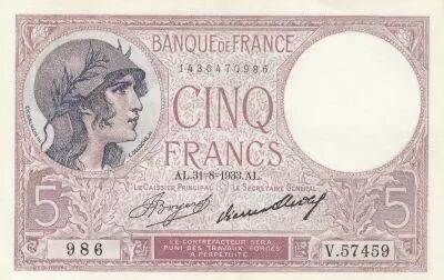 Francia 5 Francs - Purple - 31-08-1933 - Serial V.57459