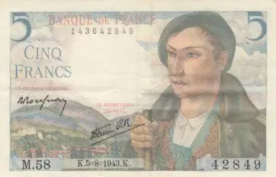 Francia 5 Francs - Shepherd - 05-08-1943 Serial M.58