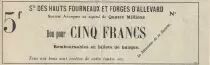 Francia 5 Francs - Soci&eacute;t&eacute; des hauts fourneaux et forges d\'Allevard (Is&egrave;re)
