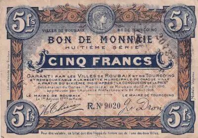 Francia 5 Francs - Ville -  Roubaix-Tourcoing  - 12-08-1916 - 8�me s�rie