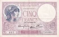 Francia 5 Francs - Violet - 17-08-1939 - Serial T.61281 - VF to XF - P.79