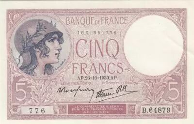 Francia 5 Francs - Violet - 26-10-1939 - Serial B.64870