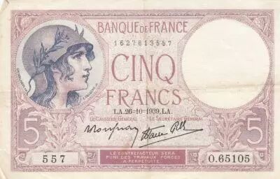 Francia 5 Francs - Violet - 26-10-1939 - Serial O.65105