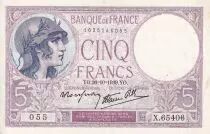 Francia 5 Francs - Violet - 26-10-1939 - Serial X.65406 - XF - P.79
