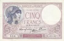 Francia 5 Francs - Violet - 26-10-1939 - Serial X.65406 - XF - P.79