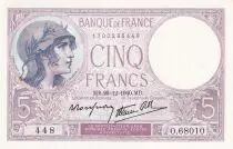 Francia 5 Francs - Violet - 26-12-1940 - Serial O.68010 - P.79