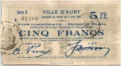 Francia 5 Francs Auby City - 1914