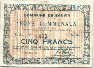 Francia 5 Francs Bauvin City - 1915
