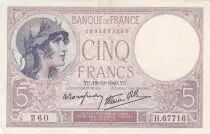 Francia 5 Francs Helmeted woman 05-12-1940 Serial K.66990 - VF to XF