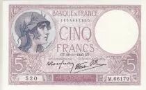 Francia 5 Francs Helmeted woman 05-12-1940 Serial K.66990 - VF to XF