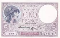 Francia 5 Francs Helmeted woman 05-12-1940 Serial Z.66631