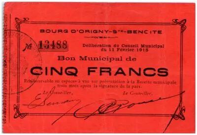 Francia 5 Francs Origny-Sainte-Benoite City - 1915