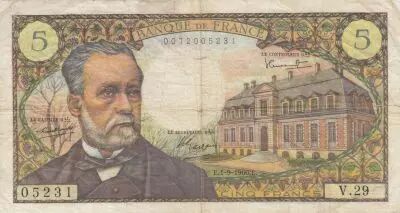 Francia 5 Francs Pasteur - 01-09-1966 - Serial V.29