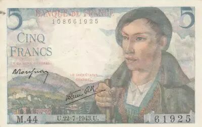 Francia 5 Francs Sheperd - 22-07-1943 Serial Q.30 - XF