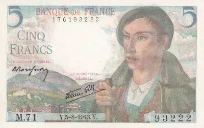 Francia 5 Francs Shepherd - 05-08-1943 - Serial M.71 - P.98