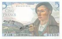 Francia 5 Francs Shepherd - 23-12-1943 Serial P.116 - UNC