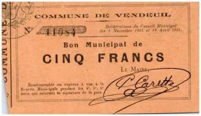 Francia 5 Francs Vendeuil City - 1914 - 1915