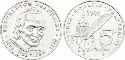 Francia 5 Francs Voltaire - 1994
