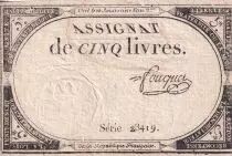 Francia 5 Livres  - 10 Brumaire Year II (31-10-1793) - Sign Fouquet - S&eacute;rie 28419 - P. A.76