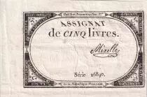 Francia 5 Livres  - 10 Brumaire Year II (31-10-1793) - Sign Mixelle - Serial 26890 - P. A.76