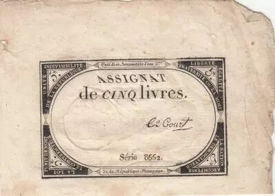 Francia 5 Livres - 10 Brumaire An II (31.10.1793) - Sign. Le Court - Serial 8662