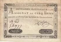 Francia 5 Livres - 28-09-1791 - Sign. Corsel - Serial 28D