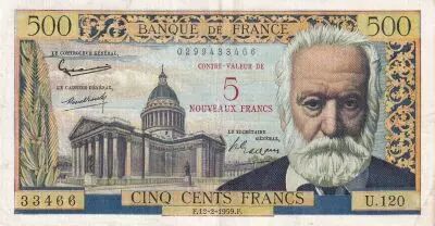 Francia 5 NF on 500 Francs -  Victor Hugo - 12-02-1959 - Serial U.120 - P.137