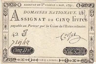 Francia 5 Pounds - 01-11-1791 - Sign. Corsel - Serial 42J